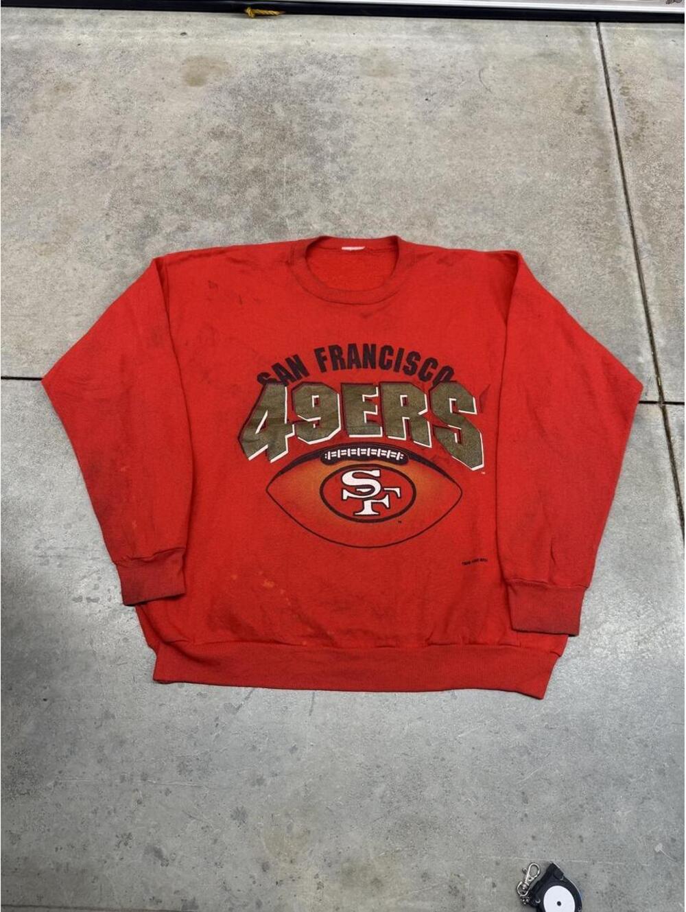 vintage san francisco 49ers spell out red crewneck size xl HAS STAINS